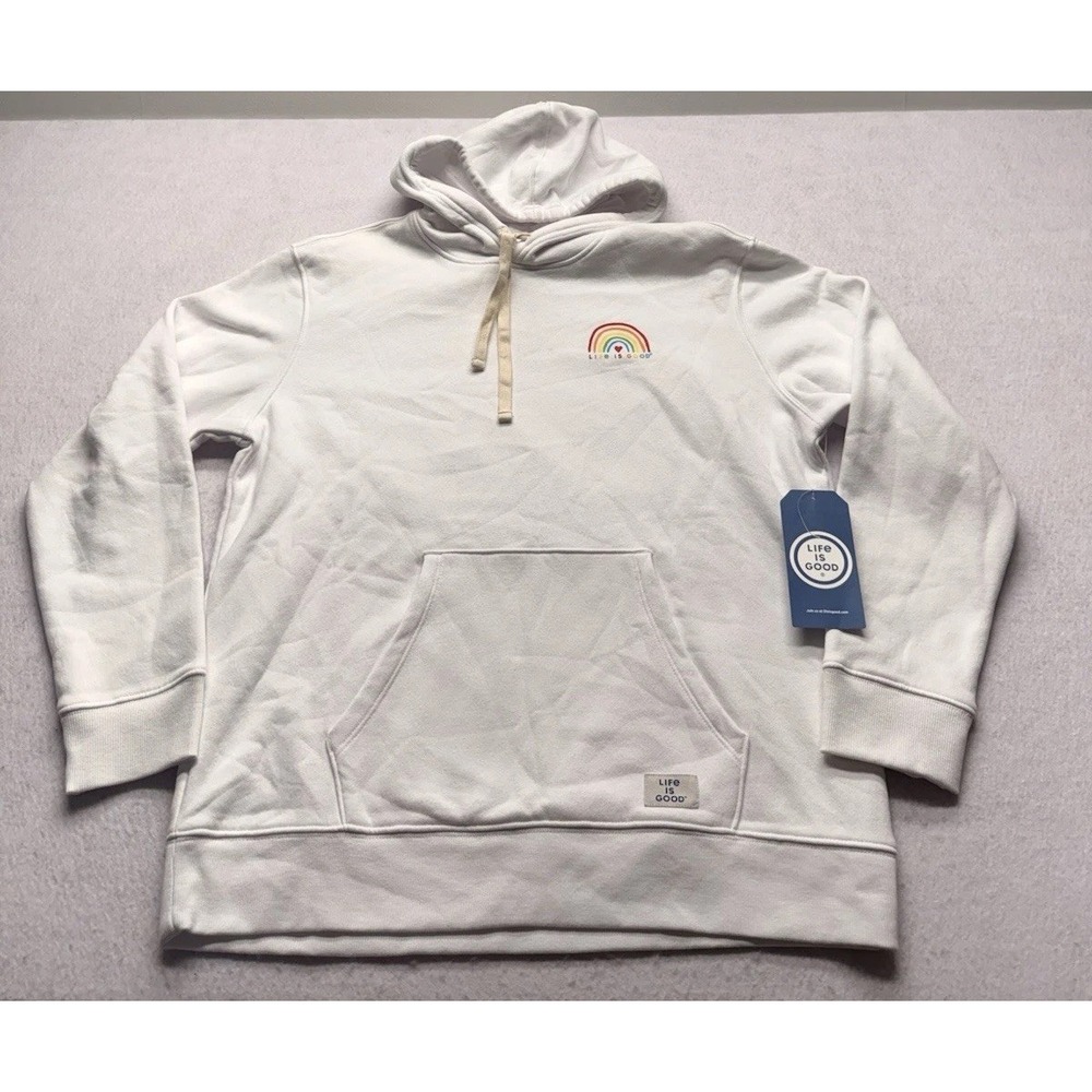 Life is Good Simply True Fleece Hoodie Womens Large White Rainbow Heart NWT